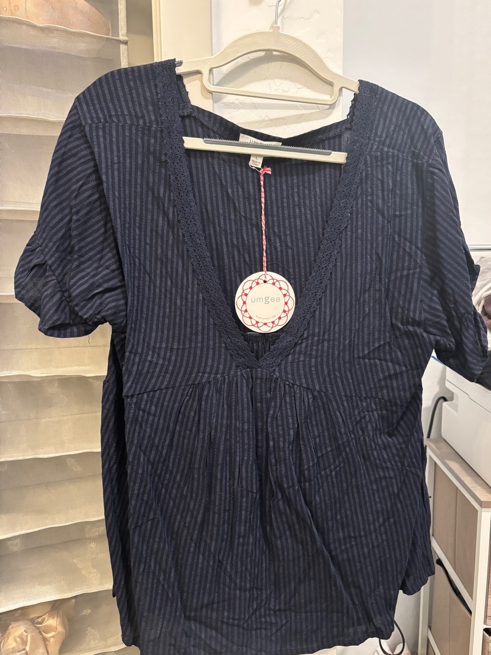 Umgee Navy Pinstripe Deep V-Neck Blouse
